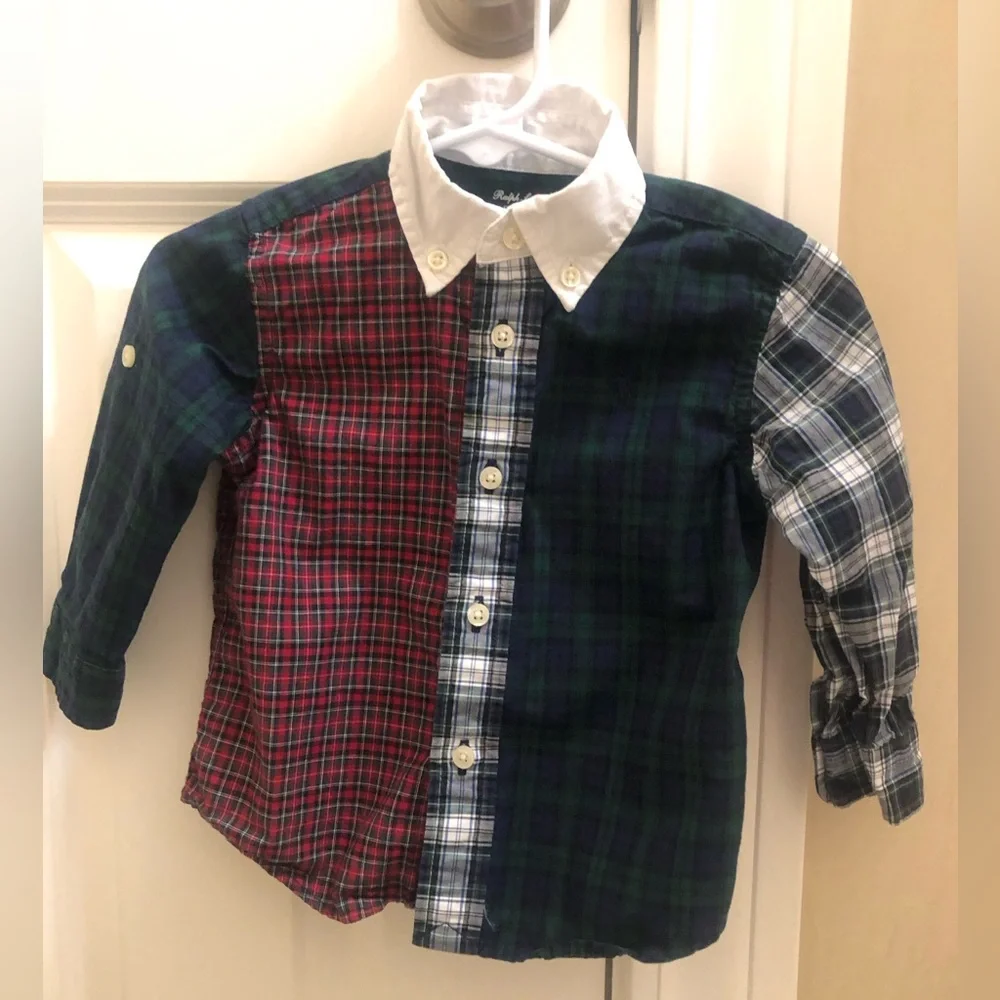 Ralph Lauren Boys Plaid Button Down Collared Shirt Sz 12 Mo